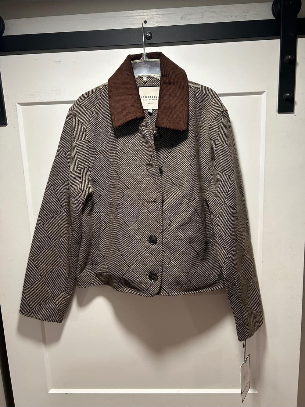 bagatelle Brown & Beige Geometric Pattern Jacket with Corduroy Collar
